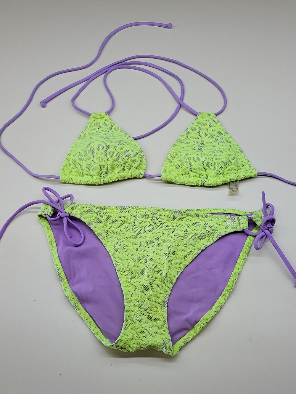 Victoria's Secret Neon Lime Lace with Lavender Straps Bikini